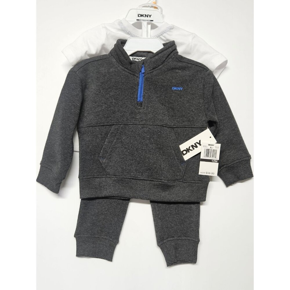 DKNY  12M, Set Of 3, Grey Pull Over Jacket/Grey Pants/‎ Crew Neck Logo T Shirt